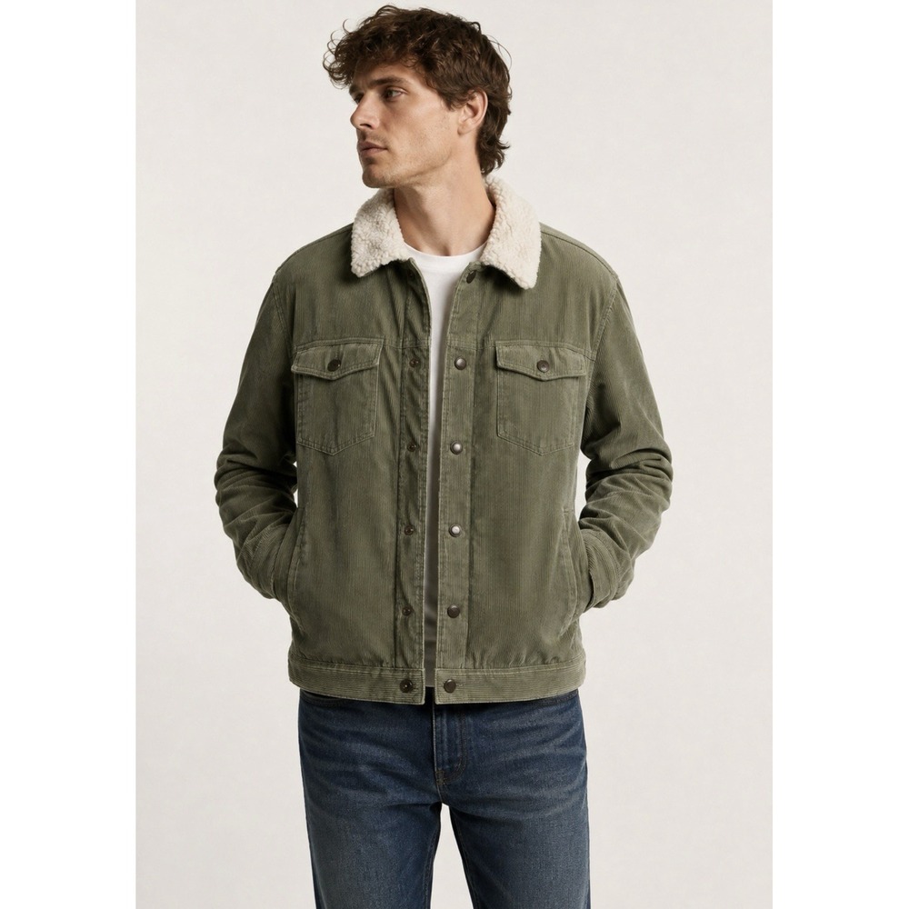 ZARA Corduroy Trucker Jacket Sherpa Collared Green SZ L